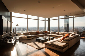 A contemporary and spacious family room with a sectional sofa, a large media center, and floor-to-ceiling windows offering panoramic views. Generative AI