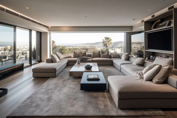 Fototapeta premium A contemporary and spacious family room with a sectional sofa, a large media center, and floor-to-ceiling windows offering panoramic views. Generative AI