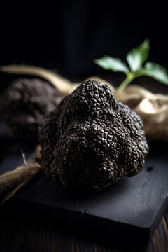 Black truffle luxury ingredient. Dark moody food. Generative AI