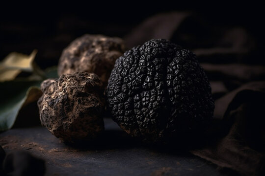 Black truffle luxury ingredient. Dark moody food. Generative AI