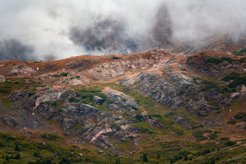 Hikers on treeline trail under misty conditions Guanella Pass, Colorado