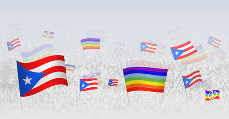 People waving Peace flags and flags of Puerto Rico. Illustration of throng celebrating or protesting with flag of Puerto Rico and the peace flag.