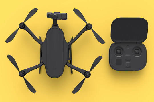 Photo and video drone or quad copter with action camera and remote on yellow