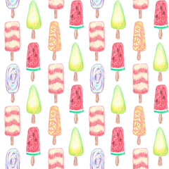 Hand painted seamless pattern with pastel chalk ice cream on sticks, popsicles with different flavors banana, strawberry, blueberry, orange, lemon and apple.Summer cold food background, refreshment