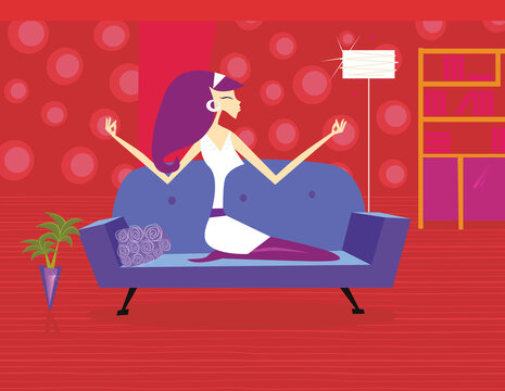 Woman is spending time with comfortable meditation on sofa. Lifestyle vector illustration in retro style.