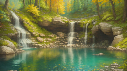 The beautiful waterfall in deep forest, painting, Generative AI illustrations