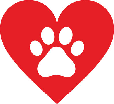 Paw print on a red heart icon vector .The dog's track in the heart 