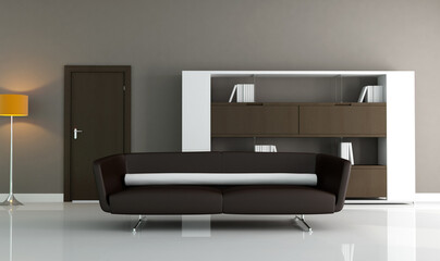 brown couch and modern bookcase in a minimal lounge