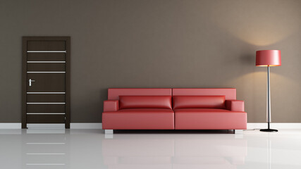 red leather sofa in a minimalist interior - render