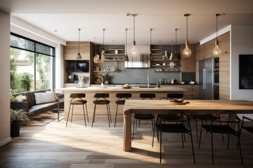 Fototapeta premium A contemporary and open-concept kitchen and dining area with a large center island, barstools, and pendant lights for a social and functional space. Generative AI
