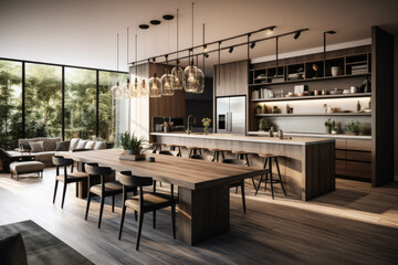 A contemporary and open-concept kitchen and dining area with a large center island, barstools, and pendant lights for a social and functional space. Generative AI