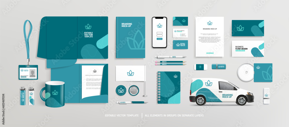 Wall mural Brand Identity of stationery Mock-Up set with blue crown logo and abstract geometric design. Branding stationery mockup template of File folder, annual report, van car, brochure. Editable vector