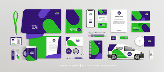 Brand Identity of stationery Mock-Up set with green and purple abstract geometric design. Branding stationery mockup template of File folder, annual report, business flyer, brochure. Editable vector