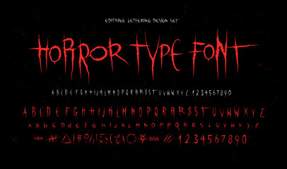 Horror Dark Lettering tattoo vector type font. Grunge style Y2k Type Font with Gothic Pank Rock and Blood style signs and symbols. Scary tattoo font 00s concept. Scratched Dark Rock type font