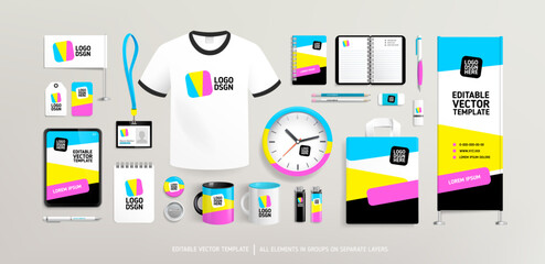 Promotional souvenirs with Brand Identity design concept on stationery. Stationery mock-up template. Brand presentation mock-up set. Promotion AD vertical banner design. Editable vector template 