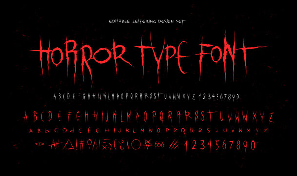 Horror Dark Lettering tattoo vector type font. Grunge style Y2k Type Font with Gothic Pank Rock and Blood style signs and symbols. Scary tattoo font 00s concept. Scratched Dark Rock type font