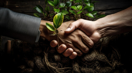 Handschlag von Geschäftsmännern mit Pflanze und Erde, symbolisch für Environmental, Social and Governance (ESG) - Regelwerk zur Bewertung für nachhaltig, ethische Praxis in Unternehmen.(Generative AI) - obrazy, fototapety, plakaty