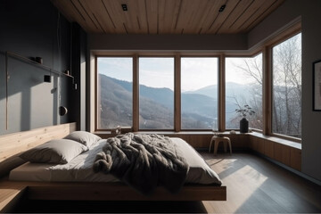 modern cozy bright Bedroom with large panoramic windows overlooking the Alps. Generative AI