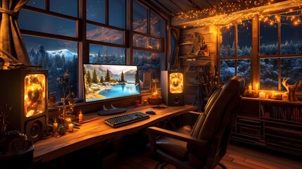 Fototapeta na wymiar Gamer room. Warm cozy interior of game room with display, pc game, warm lights and cozy furniture. Wallpaper illustration. Generative Ai.
