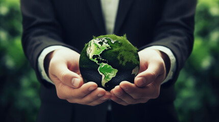 Geschäftsmann hält eine Weltkugel mit Naturgrün, symbolisch für Environmental, Social and Governance (ESG) - Regelwerk zur Bewertung für nachhaltig, ethische Praxis in Unternehmen.(Generative AI) - obrazy, fototapety, plakaty