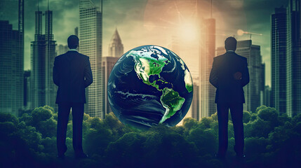 Geschäftsmänner und eine Weltkugel mit Naturgrün, symbolisch für Environmental, Social and Governance (ESG) - Regelwerk zur Bewertung für nachhaltig, ethische Praxis in Unternehmen.(Generative AI) - obrazy, fototapety, plakaty