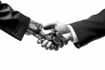 Human and robot handshake business relationship symbol. Make money with chat bot or neural networks. Generative Ai.