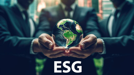 Geschäftsmänner im Anzug halten eine Weltkugel in den Händen, symbolisch für eine nachhaltige und ethische Praxis von Unternehmen nach ESG (Environmental, Social and Governance). (Generative AI) - obrazy, fototapety, plakaty