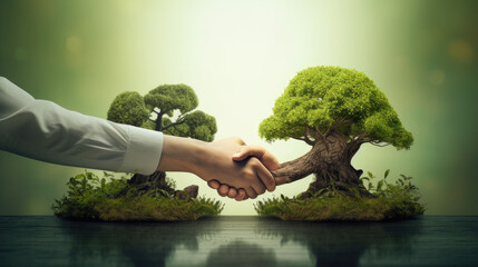 Handschlag von Geschäftsfrau und einem Baum, symbolisch für Environmental, Social and Governance (ESG) - Regelwerk zur Bewertung für nachhaltig, ethische Praxis in Unternehmen.(Generative AI) - obrazy, fototapety, plakaty