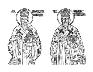 Basil of Ostrog and Petar I Petrovic-Njegosh. Illustration in Byzantine style. Coloring page on white background - obrazy, fototapety, plakaty