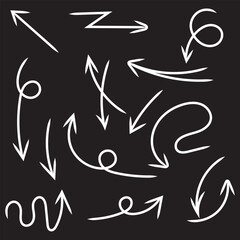 white arrows set hand drawn on black background vector