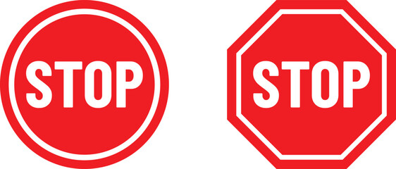 stop sign set isolated on white . Red stop signs in octagon and circle . Traffic warning and prohibiting icons vector