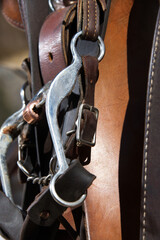 Close up of a horse bridle and bit. Vertical shot.