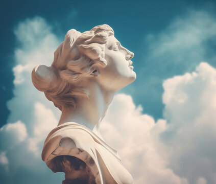 Antique sculpture of woman on sky background. AI generated image.