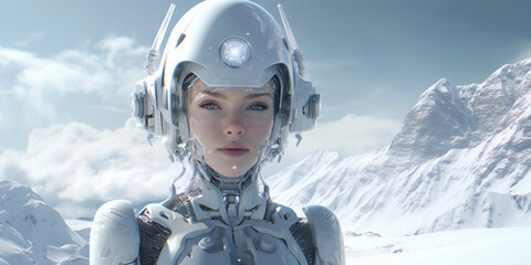 Beautiful female cyber fashion robot on the snow mountains background, banner. Artificial Intelligence. Quantum computer. Tourism in the alps, winter holidays concept. AI Generative.