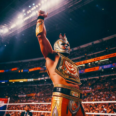 Decorated Lucha Libre champion, wearing their iconic mask and vibrant wrestling attire, Generative AI