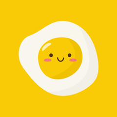 Smiling Kawaii fried egg. Funny Kawaii egg yolk. Fried egg character in kawaii style. Isolated on a yellow background. Vector illustration in flat cartoon style.