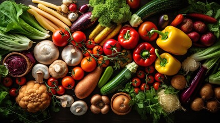  a variety of vegetables are laid out on a wooden table top, including broccoli, tomatoes, peppers, and other vegetables,.  generative ai