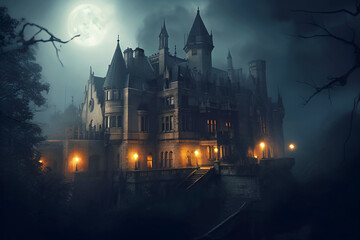 Halloween. Grand old gothic castle in moonlight, foggy night, haunted mansion. Horror and darkness. Generative AI