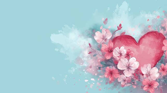  a painting of a heart with flowers on a blue background with a spray of paint on it and a pink flower on the side of the heart.  generative ai