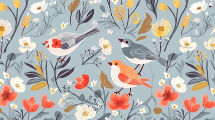  a couple of birds sitting on top of a flower covered field of flowers and leaves on a blue background with white and red flowers and yellow leaves.  generative ai