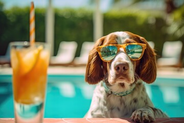 Illustration of a dog relaxing by the pool - Created with generative ai