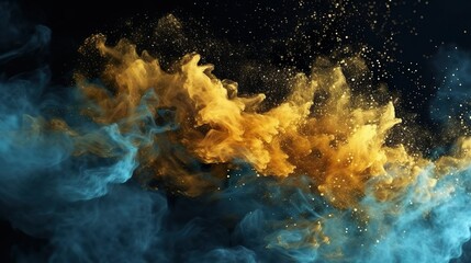 Glitter mist. Ink water. Fluid splash. Metallic golden silver blue color shimmering glowing dust particles vapor cloud floating on dark black abstract background