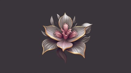  a pink flower with leaves on a black background with a white border around the center of the flower and a gold center in the middle of the flower.  generative ai