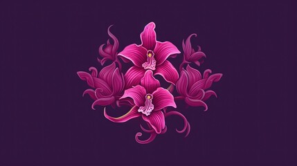  a bouquet of pink flowers on a purple background with swirls and leaves in the center of the bouquet is a purple background with a black border.  generative ai