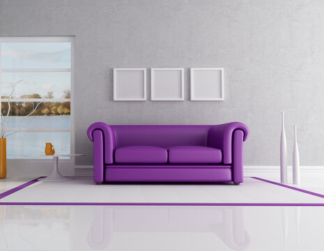 contemporary interior with purple classic sofa - rendering. the image on background is a my photo