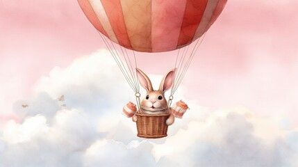  a rabbit in a basket flying in the sky with a balloon in the shape of a rabbit on a pink sky with clouds and a pink background.  generative ai
