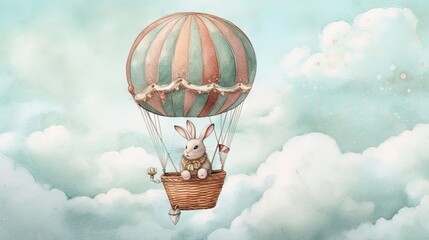  a rabbit in a hot air balloon flying through the sky with a balloon in the shape of a rabbit in the sky with a balloon.  generative ai