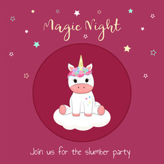 Card invitation for slumber party with cute unicorn, stars, cloud for babe