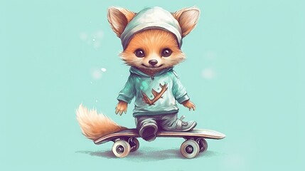 a little fox is riding a skateboard on a blue background with a hoodie on it's head and a hat on its head.  generative ai