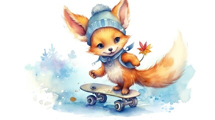  a painting of a little fox on a skateboard with a hat on it's head and a scarf around its neck, with a maple leaf in its paws.  generative ai